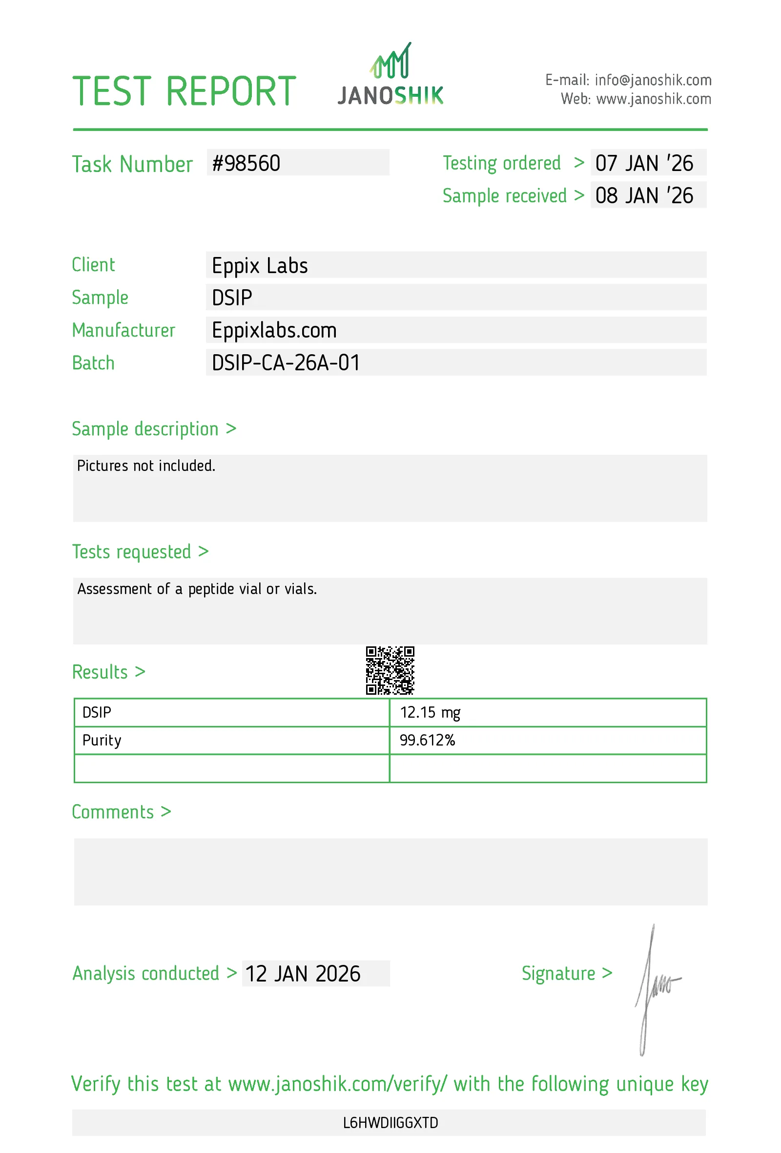 Certificate of Analysis for DSIP batch DSIP-CA-26A-01