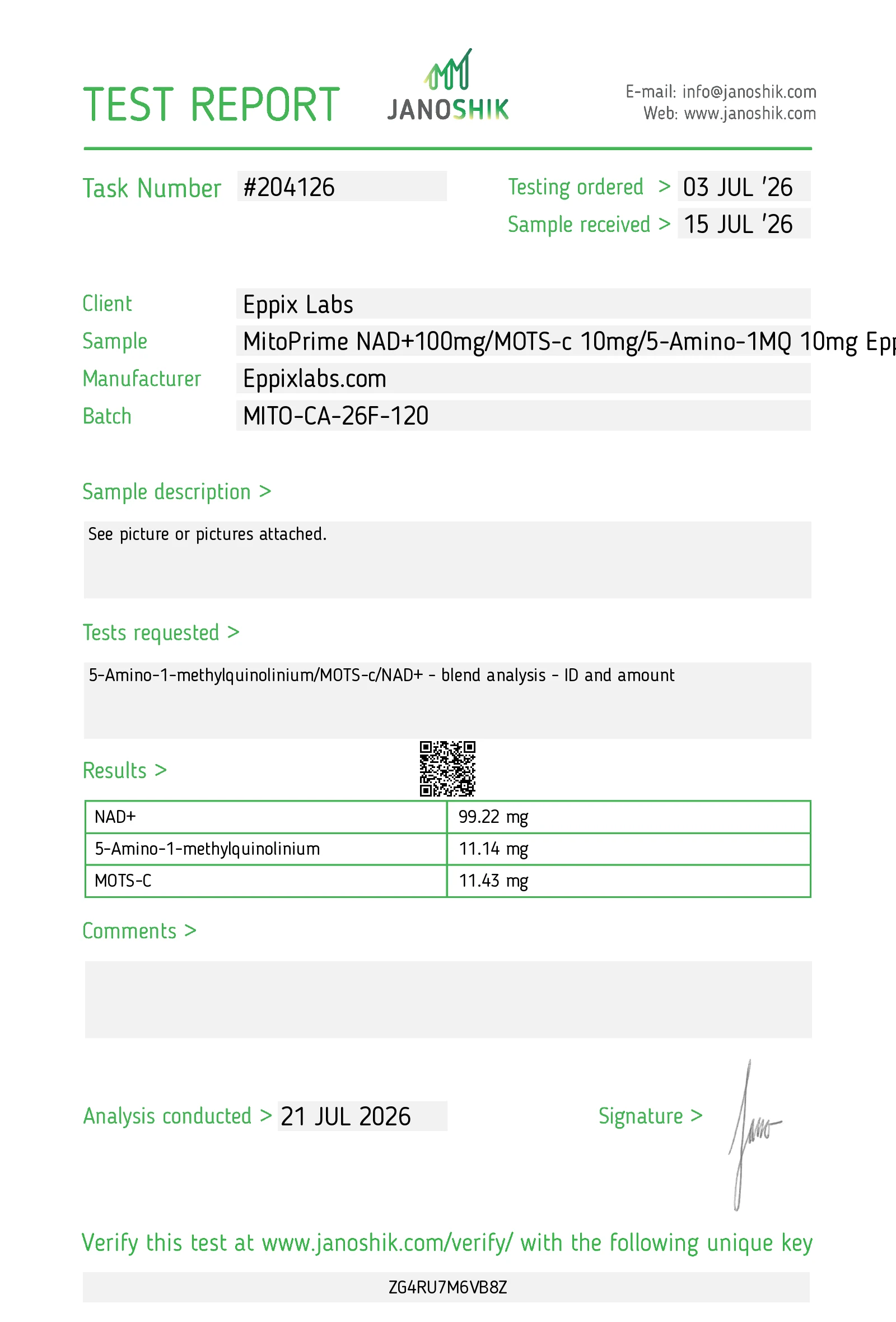 Certificate of Analysis — 120mg — NAD+ 100mg/ Mots-C 10mg/ 5-Amino-1mq 10mg
