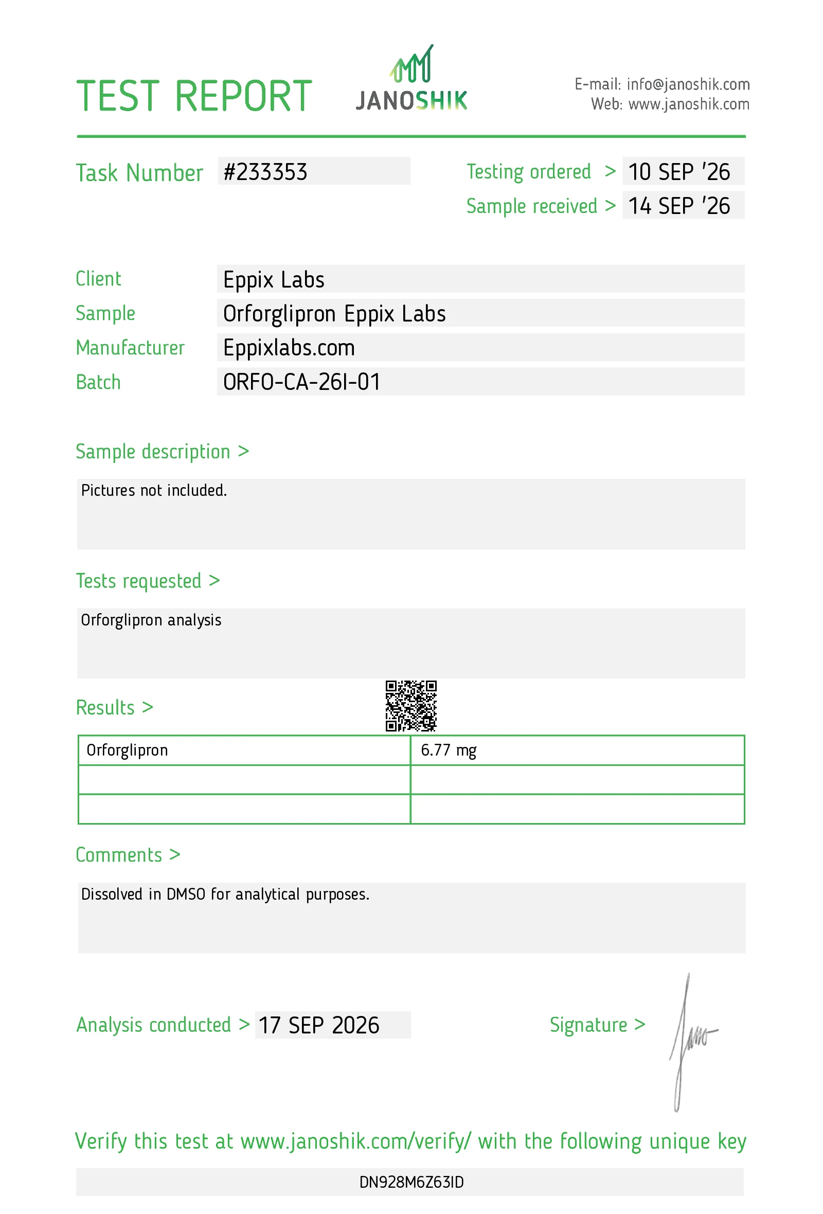 Certificate of Analysis for Orforglipron batch ORFO-CA-26I-01