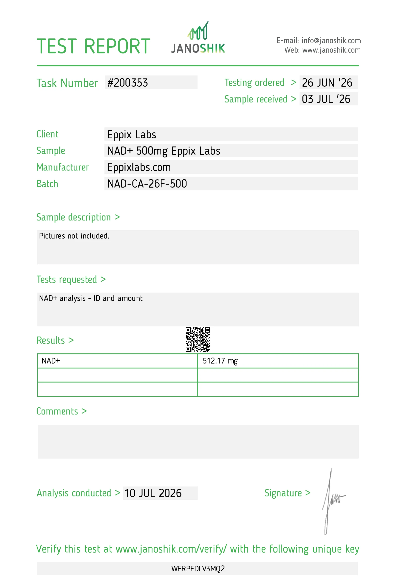 Certificate of Analysis — 500mg — NAD+
