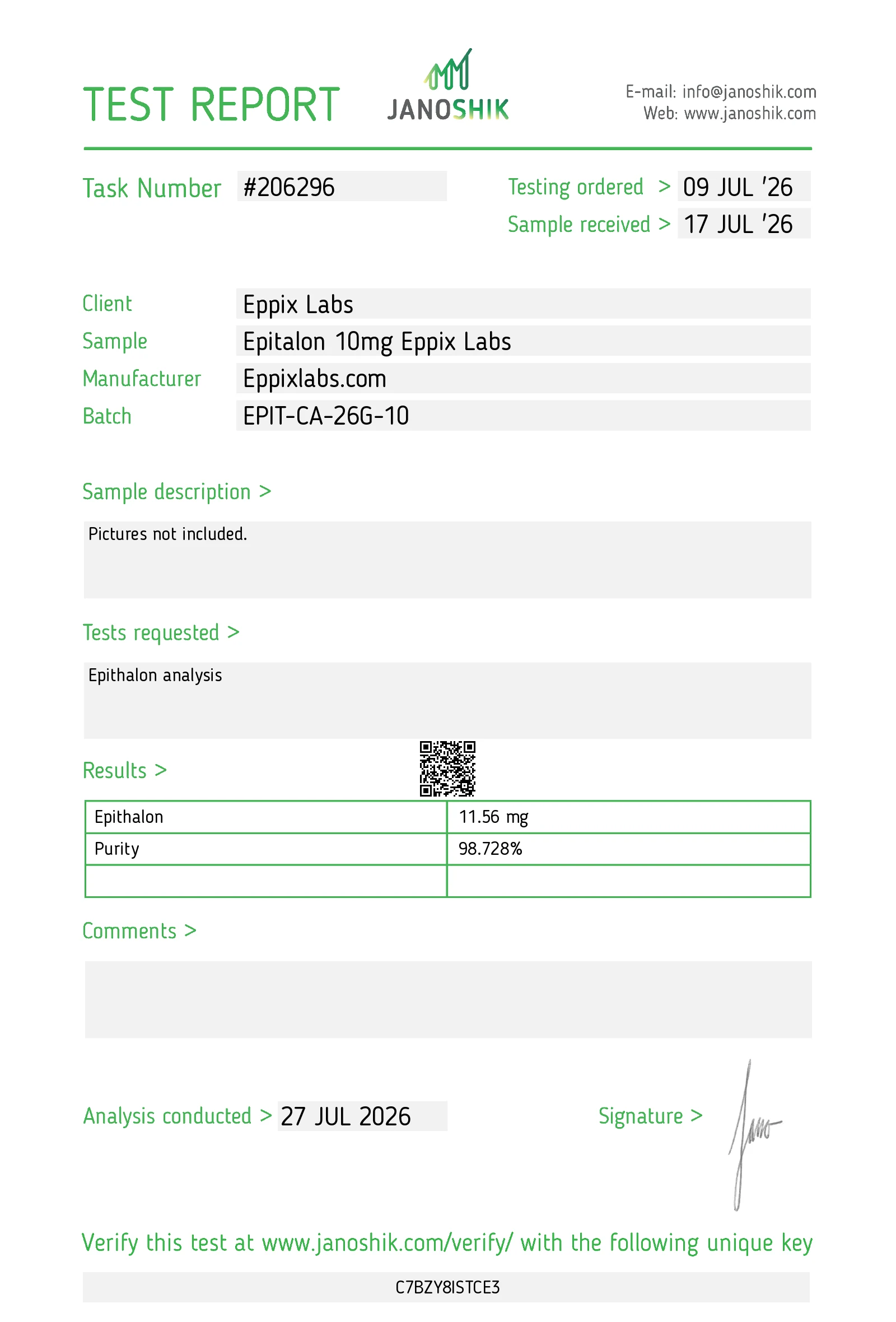 Certificate of Analysis — 10mg — Epitalon