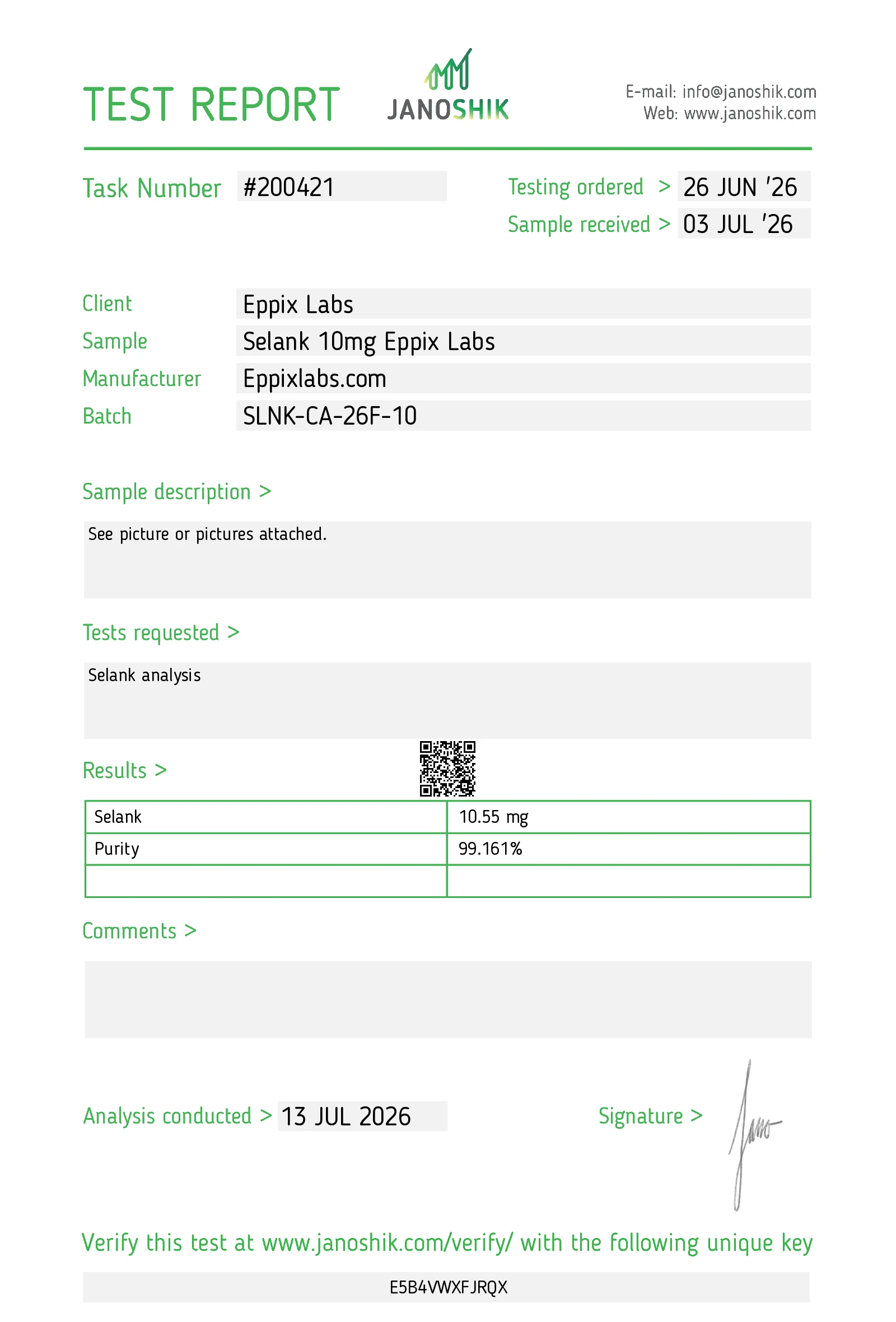 Certificate of Analysis — 10mg — Selank