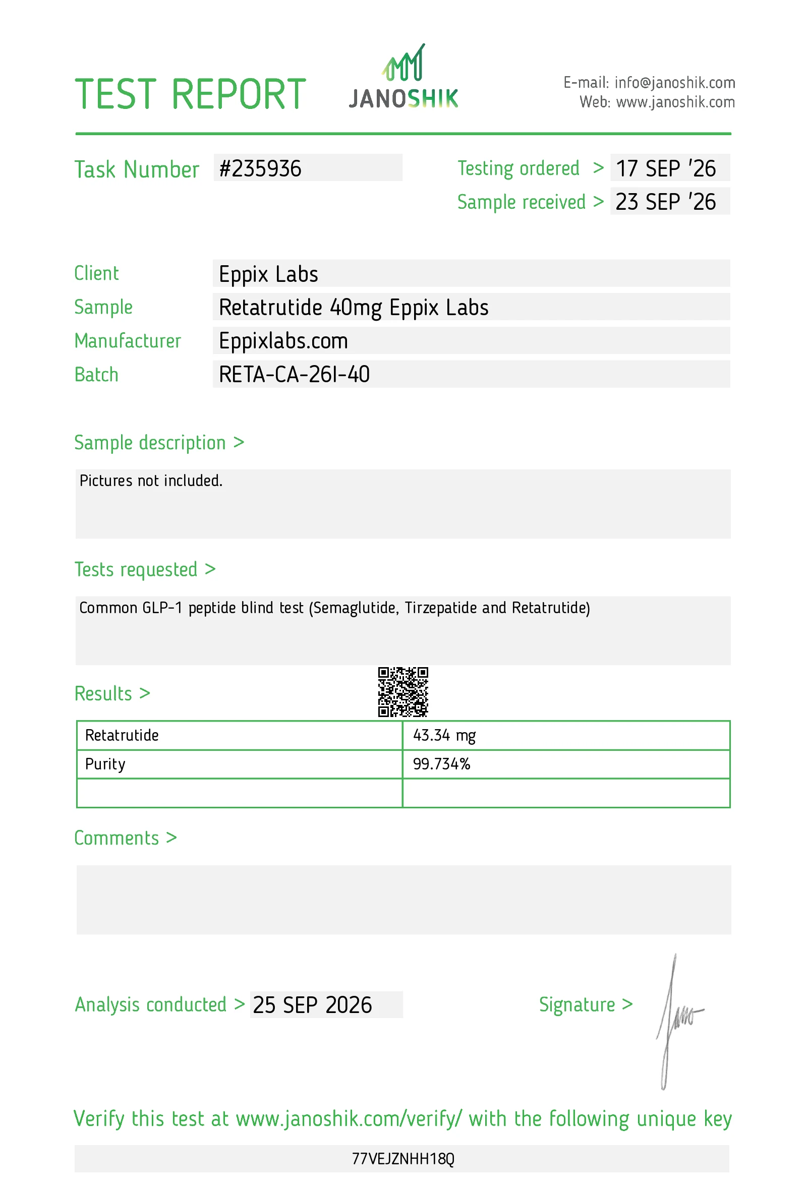 Certificate of Analysis for Retatrutide (Triple Agonist) batch RETA-CA-26I-40
