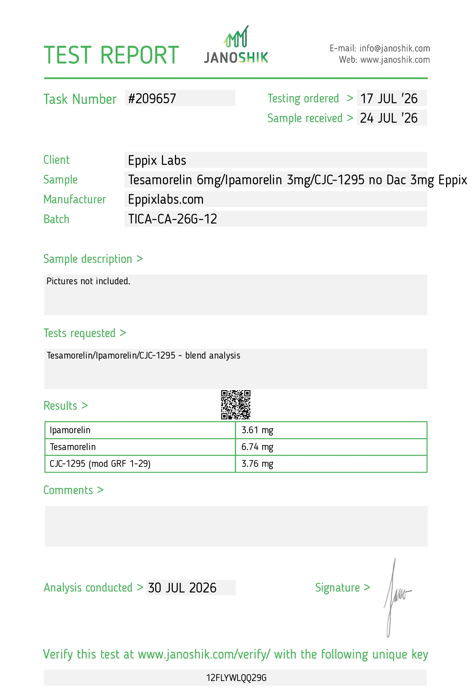 Certificate of Analysis — 12mg — Tesamorelin 6mg/ Ipamorelin 3mg/ CJC-1295 no Dac 3mg