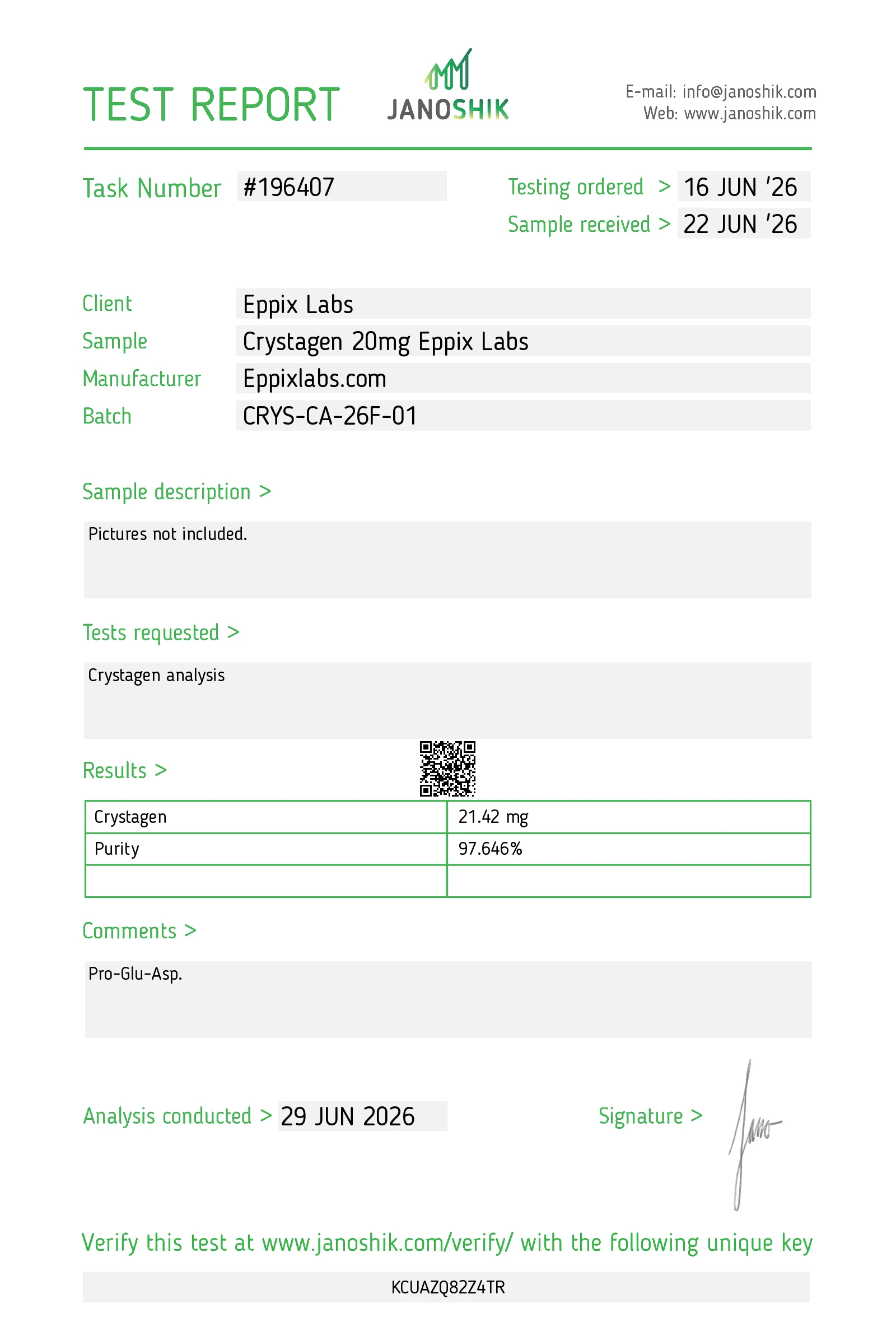 Certificate of Analysis — 20mg — Crystagen