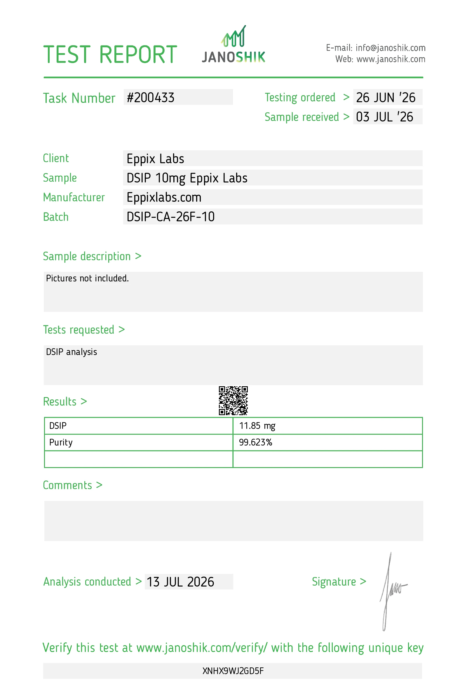 Certificate of Analysis for DSIP 10mg batch DSIP-CA-26F-10