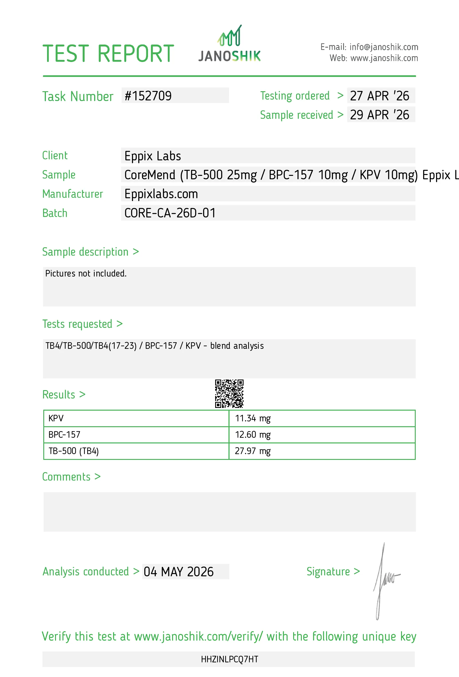 Certificate of Analysis — 45mg — Coremend - TB-500 25mg / BPC-157 10mg / KPV 10mg