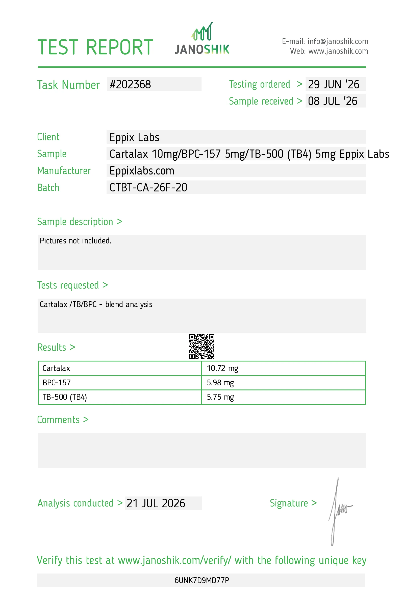 Certificate of Analysis — 20mg — Deadpool - Cartalax 10mg/ BPC-157 5mg/TB-500 5mg
